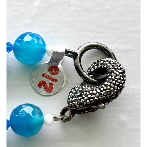 Turquoise Blue Agate Beaded Necklace With Rhinestone Flower Pendant & Decorative - Picture 4 of 7